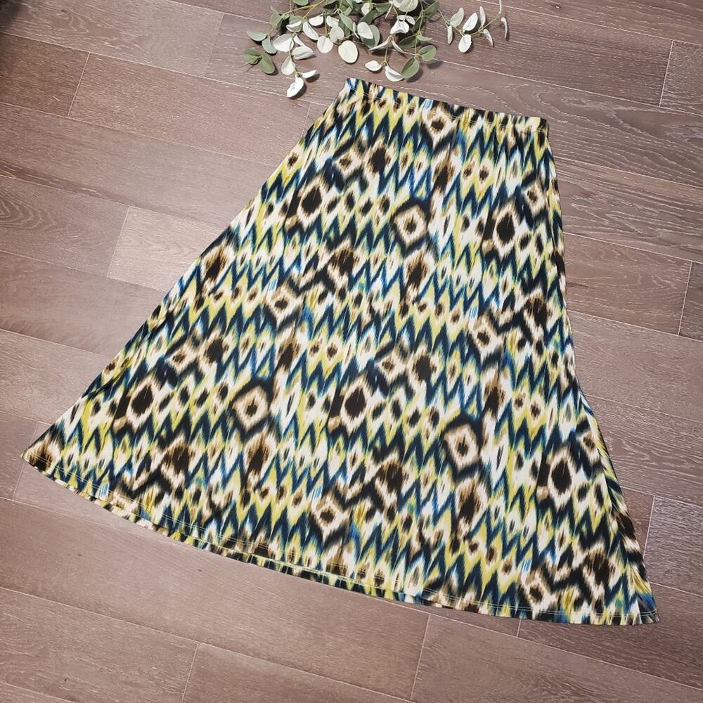 Coldwater Creek Womens Blue Yellow Ikat Geometric Maxi Skirt Medium Made in USA